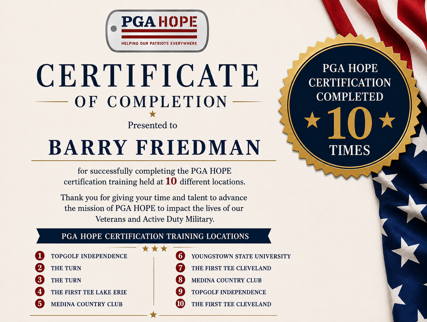 PGA HOPE Certificate of Completion - Barry Friedman