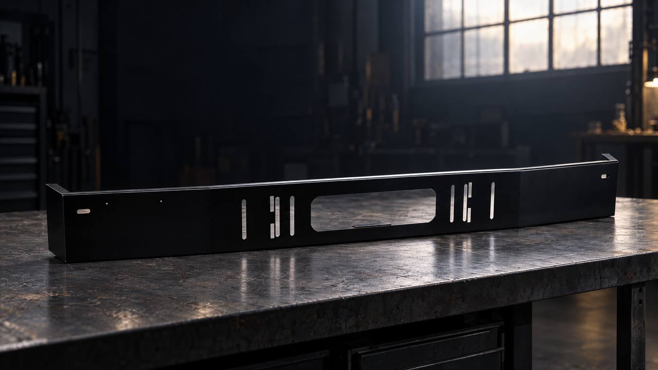 Universal step van bumper finished in black powder coat on shop workbench