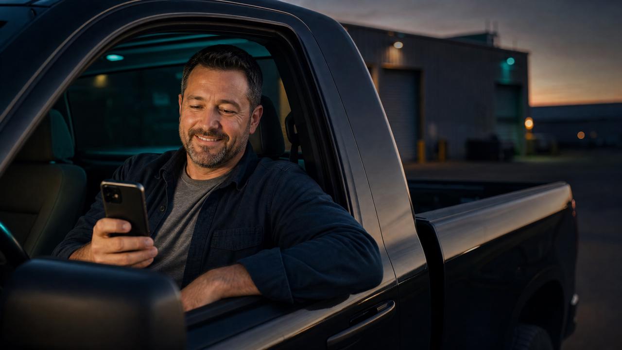 Business owner in truck checking MollieOps