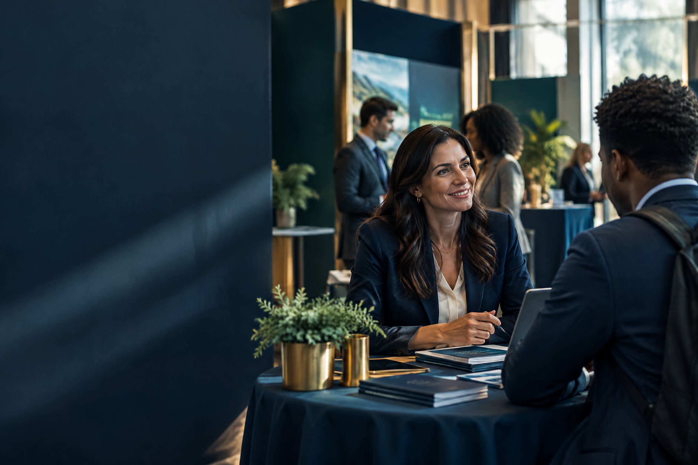Recruiter speaking with a job candidate at a hiring event.